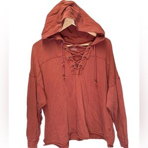 Aerie Lace-Up Oversized Hoodie Pullover Womens Small Clay Red Long Sleeve